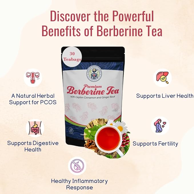 Organic Berberine Tea – Herbal Tea Promotes Health with Ceylon Cinnamon, Mint & Chamomile – 30 Tea Bags