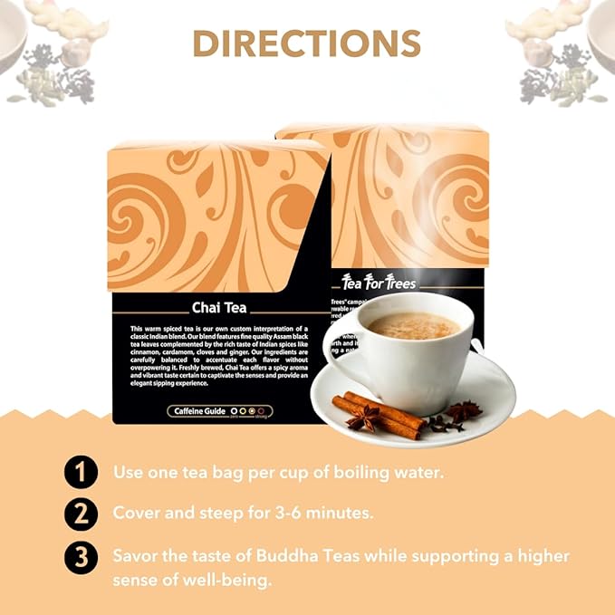 Buddha Teas - Organic Chai Tea - Delicately Spiced & Warming - For Health & Wellbeing - With Antioxidants & Minerals - Clean Ingredients - With Caffeine - OU Kosher & Non-GMO - 18 Tea Bags (Pack of 1)