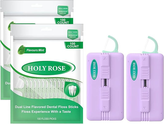 Holy Rose Travel Dental Floss Dispenser - 2 Pack Mint Flavored Refill Floss Picks with Portable Case - 220 Count Twin-Line Flossers & Toothpicks