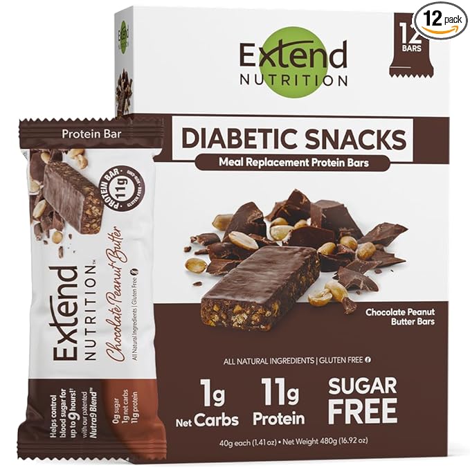 Extend Sugar Free Protein Bars, Perfect Diabetic Snacks, High Protein and Fiber, Hunger Control & Steady Energy, Low Carb, Keto Friendly (12 Count, Chocolate Peanut Butter)