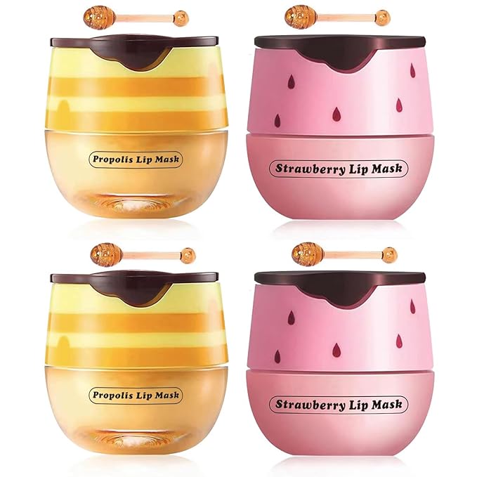 4 Packs Fruit Lip Balm, Moisturizing & Smoothing Lip, Hydrate Repair Prevent Dry Cracked Lip Sleeping Lip Mask, Effective Reduces Lip Lines Lip Care (2Pcs Strawberry+2Pcs Honey)