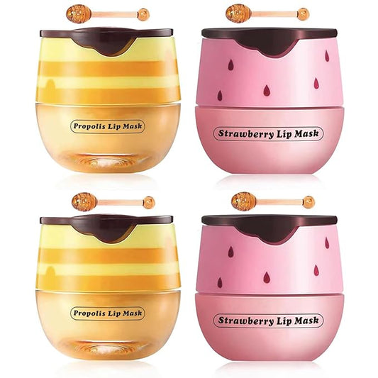 4 Packs Fruit Lip Balm, Moisturizing & Smoothing Lip, Hydrate Repair Prevent Dry Cracked Lip Sleeping Lip Mask, Effective Reduces Lip Lines Lip Care (2Pcs Strawberry+2Pcs Honey)