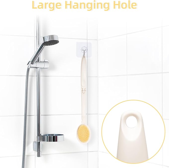 LFJ 19" Long Handle Shower Sponge Brush Set, 3 in 1 Body Brush, Bath Sponge and Lotion Applicator Improved Skin Health, Suitable for Men and Women (White Brush-2P)