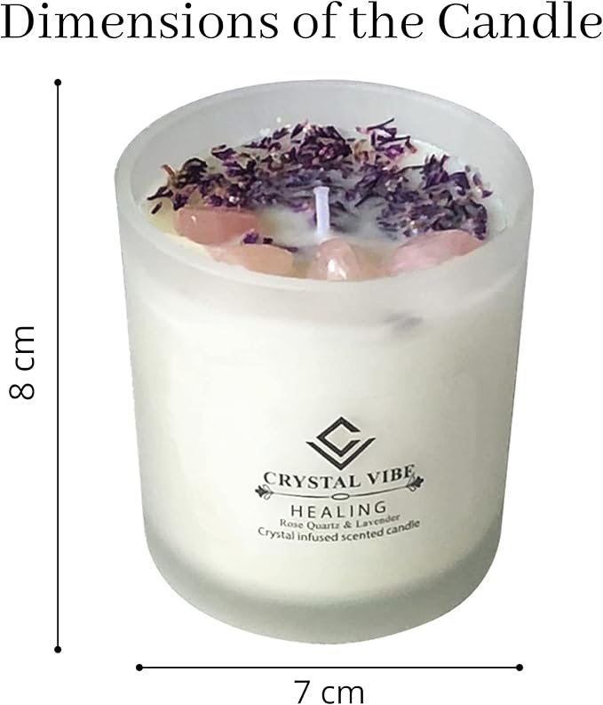 Crystal Vibe Healing Crystal Candle with Rose Quartz Crystals and Lavender Petals - Natural Soy Wax Lavender Scented Candle for Aromatherapy Meditation - Birthday Christmas Gifts for Women
