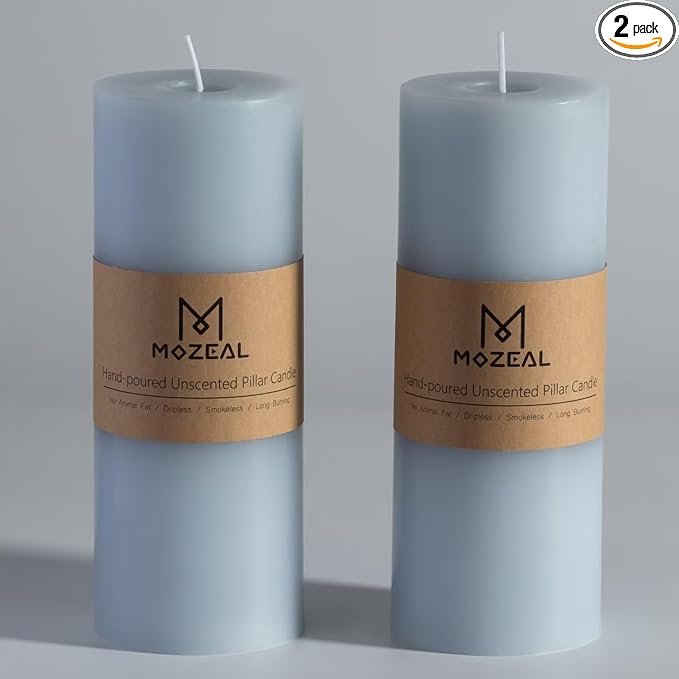 MOZEAL 3" x 8" Hand-Poured Unscented Large Candle, Smokeless Rustic Pillar Candle Set of 2, Slow Burn, No Drip, Approx 150 Hours Burning, Baby Shower and Home Decorative, Tall Baby Blue Candle