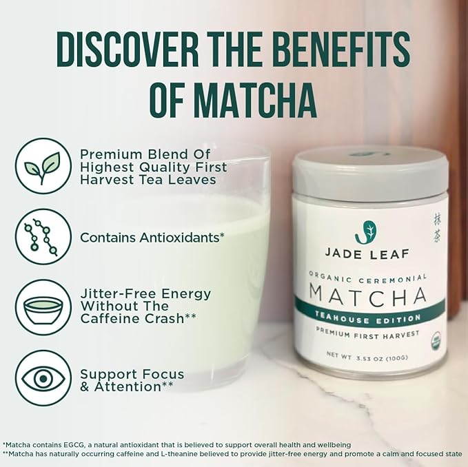 Jade Leaf Matcha Organic Ceremonial Grade Matcha Green Tea Powder - Authentic Japanese Origin - Barista Edition For Cafe Quality Tea & Lattes (1 Pound Bulk Pouch)