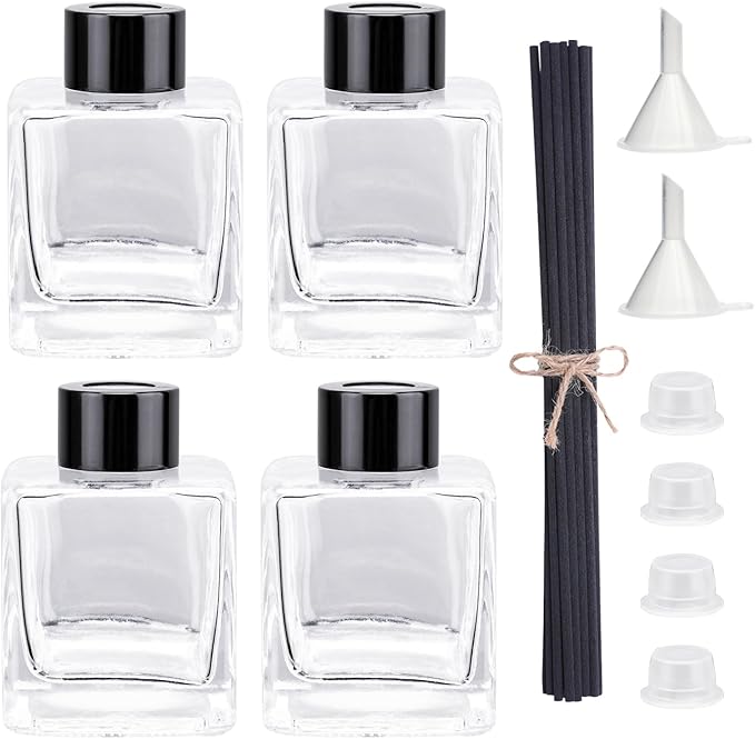4PCS Glass Diffuser Bottles, Refillable Square Shape With 20pcs Reeds Sticks, Black Caps & Funnel, 3.3" High 100ml 3.52 fl oz. Jars for Home Oil Fragrance Decoration