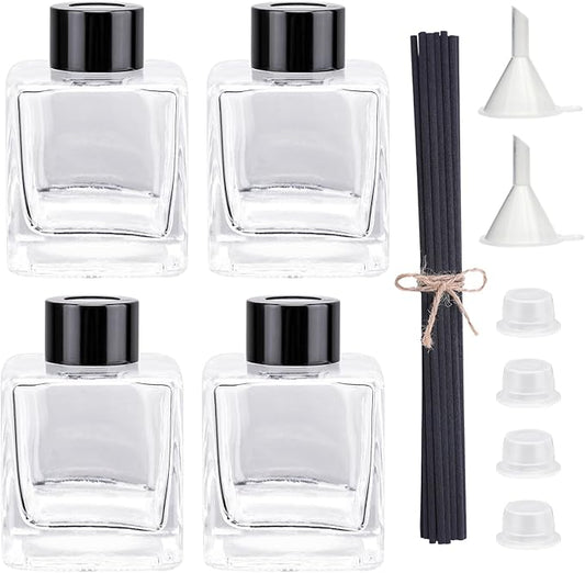 4PCS Glass Diffuser Bottles, Refillable Diffuser Bottles Square Shape with 20pcs Reeds Sticks & Black Caps & Funnel, 3.66" High 150ml 5.29 fl oz. Diffuser Jars for Home Oil Fragrance Decoration