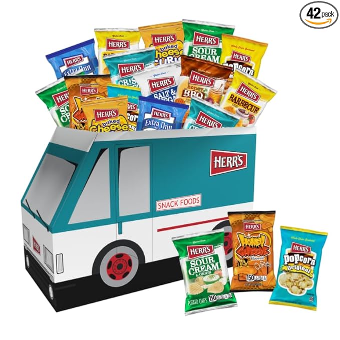 Herr's Variety Snack Truck Box, Assorted Flavors, 42-Pack - Crisp 'N Tasty, Barbecue, Sour Cream & Onion Potato Chips, Cheese Curls, Pretzels, Popcorn & More