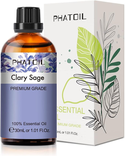 Clary Sage Essential Oil, 1.01Fl.Oz (30ML) PHATOIL Pure Essential Oil Singles for Aromatherapy Diffusers, Humidifiers, Great for DIY Candle and Soap Making, Gift for Friend