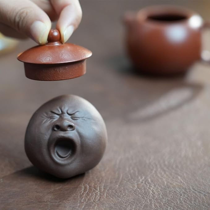 Funny Yawning Face Tea Pet, Zisha Chinese Gongfu Tea Pet, Handmade Purple Clay Teapet, Kungfu Tea Tray Ornament Accessories, Head Figurine Unique Gifts for Tea Lovers