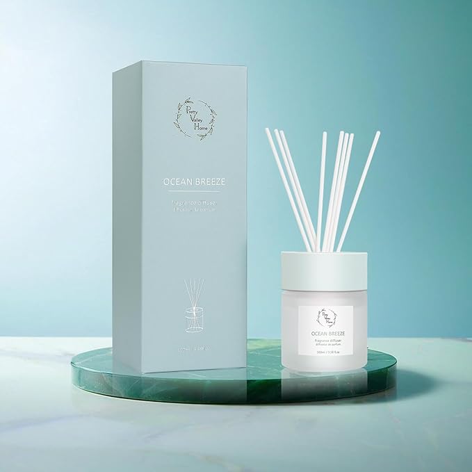Reed Diffuser Set, Pretty Valley Home Diffuser 100Ml / 3.38fl OZ Gift Box - Includes Reed Diffuser Sticks, Fragrance Oil, and Glass Bottle for Bathroom Office Living Room Decor (Ocean Breeze)