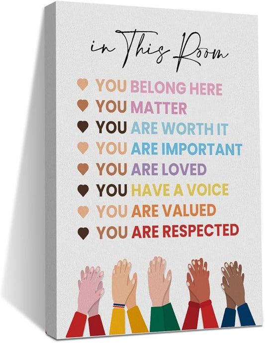 Inspirational Diversity Wall Art in This Room Watercolor Canvas Painting Prints for Classroom Nursery Home Living Bedroom Office Wall Decor Framed Equality Artwork Gifts