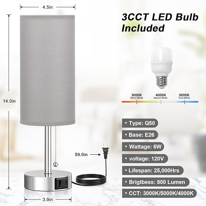 Grey Table Bedside Lamp for Bedroom Nightstand - Small Silver Lamp with USB A + C Charging Port, 3 Color Temperatures Pull Chain Night Stand Light with Bulb, Side Table Desk Lamp for Living Room