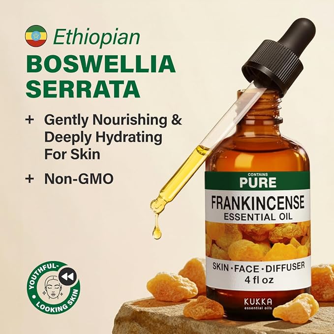 KUKKA Frankincense Essential Oils - 4 Fl Oz - for Hair, Skin, Diffuser, Aromatherapy & DIY Soap Making Scent