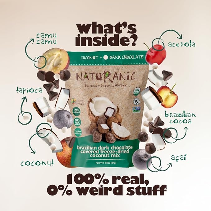 Naturanic Brazilian Dark Chocolate Covered Freeze-Dried Coconut Snack, Zero Carb, Keto Friendly, No Sugar, All Natural, Organic, Vegan - Pack of 2