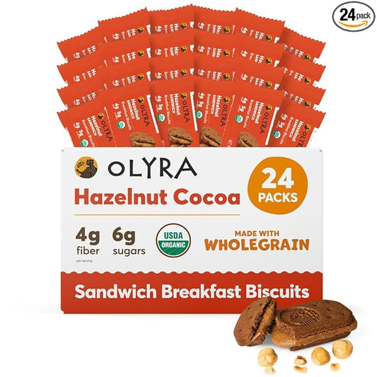 Olyra Hazelnut Cocoa Sandwich Breakfast Biscuits, Healthy Snacks for Adults and Kids, Low Sugar, High Fiber, Organic Vegan Cookies, with Ancient Greek Grains, USDA Certified Organic, Non GMO, 24 Packs
