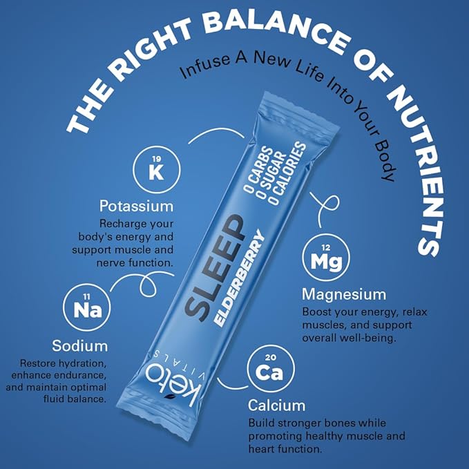 Keto Vitals Sleep Drink Electrolyte Sleep Powder Packets - Fast-Acting Sleep Blend of Melatonin 3mg, GABA, L-Theanine, & Ashwagandha - Elderberry, 30 Count