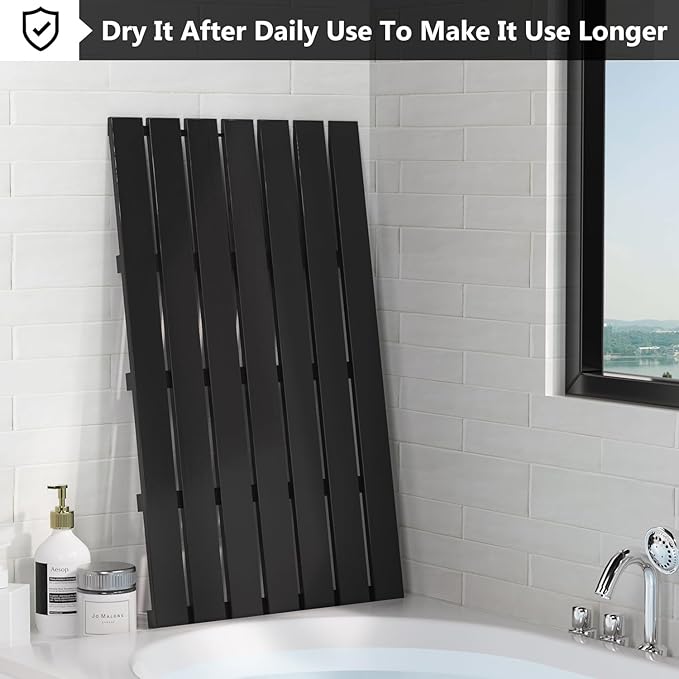 Domax Wooden Bamboo Bath Shower Mat- Non-Slip Waterproof Large Bathroom Floor Mat for Indoor Outdoor (Black, 31.3 x 18.1 x 1.5 Inches)