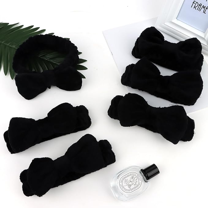 Casoty 12 Pcs Black Spa Headbands, Hair Holder for Washing Face, Soft Coral Fleece Facewash Headband, Bow Hair Bands, Skin Care Headband for Face Washing Shower Skin Care Yoga