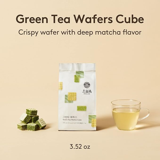 OSULLOC Green Tea Wafers Cookies (3.52oz, 100g) | Korean Matcha Flavored Snacks | Asian Snacks, Premium Tea Food