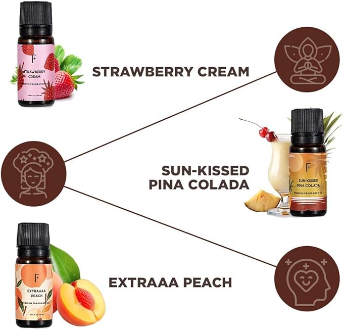 Folkulture Essential Oils for Home | Set of 3 (0.34 fl oz x 3) Essential Oils for Relaxation | Peach or Strawberry Diffuser Oil for Meditation | Pineapple Essential Oil for Gifts for Women