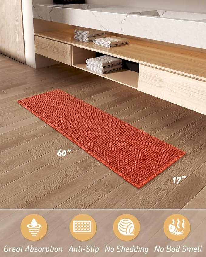 AMOAMI Upgraded Waffle Runner Rug Super Absorbent Non Slip Bath Mats for Bathroom Machine Washable Bathroom Runner Rug with Tassels, Ideal for Hallway Bedroom Laundry Room, 17" x 60", Orange