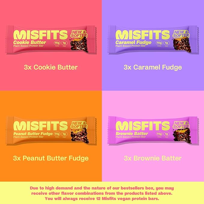 Misfits Protein Bars - High Protein Candy Bars | Gluten Free Plant Based, Low Sugar & Carb, High Fiber Snacks | Variety Pack of 12 (4 Flavors)