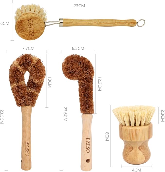 Ezeso Natural Bamboo Dish Scrub Brush Set 4 Piece, Wooden Pot & Bottle Brush