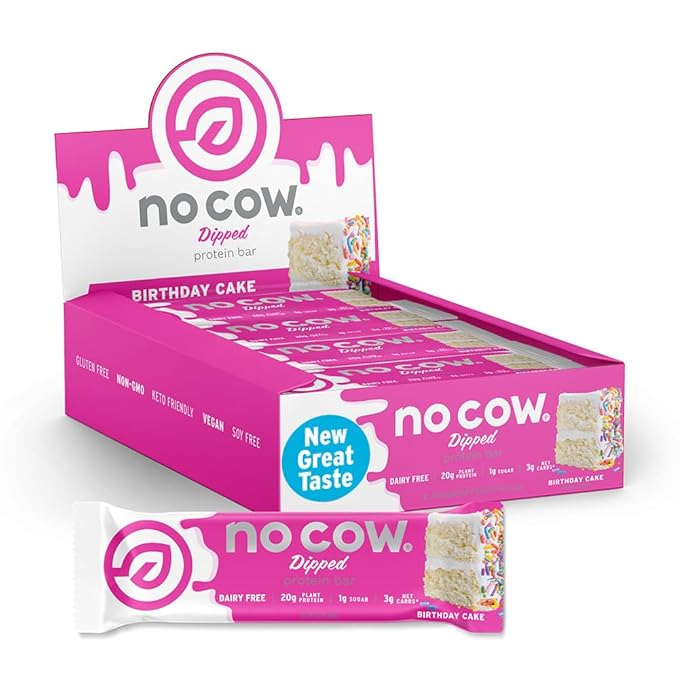 No Cow Vegan Protein Bars, Upgraded Birthday Cake | 20g Plant Based Protein, Gluten Free, Dairy Free, Soy Free, Keto Friendly, Low Sugar, High Fiber Snack Bars | Pack of 12