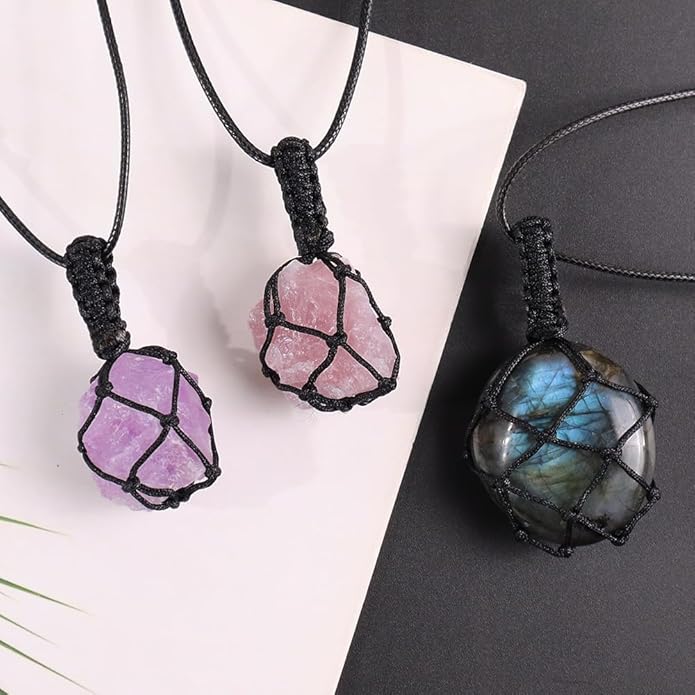 Handmade Natural Gemstone Crystal Pendant Necklace Stone Holder Necklace Cord Net Necklace with Adjustable Length for Women Men