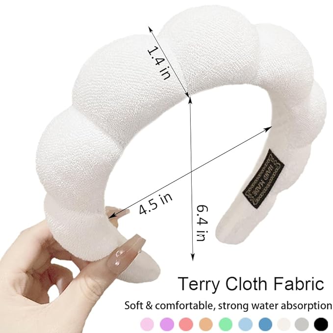 Spa Headbands for Washing Face or Makeup, Sponge Bubble Skincare Headbands, Puffy Terry Cloth Hairband for Women, Skin Care Makeup Headwear Hair Accessories for Girls (White)