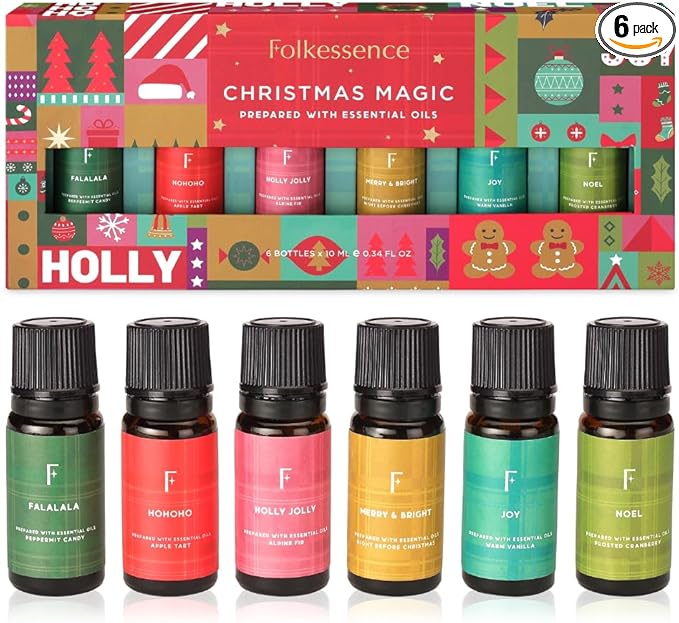 Folkulture Christmas Fragrance Oils for Diffuser as Gifts | Set of 6 Christmas Essential Oils Set for Diffusers for Home | Peppermint, Candy, Apple Tart, Cranberry, Vanilla (Christmas Magic)