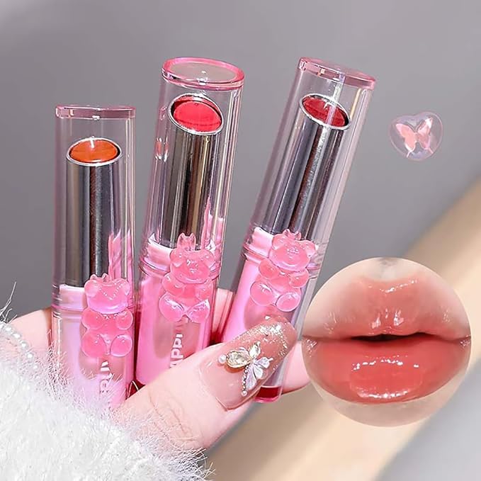 3 Pcs Cute Bear Glossy Lipstick Set, Moisturizing Smooth Sweet Tinted Lip Balm, Hydrating Non-Stick Cup Jelly Lipstick Gift Set, Lip Makeup for Girls (Light Pink, 3 PCS)