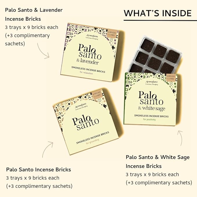 Palo Santo, Palo Santo + White Sage & Palo Santo + Lavender Smokeless Incense Bricks Refill | 3x9 Bricks | Aromatherapy | Smudging | Essential Oils | Air fresheners for Home | Meditation Accessories