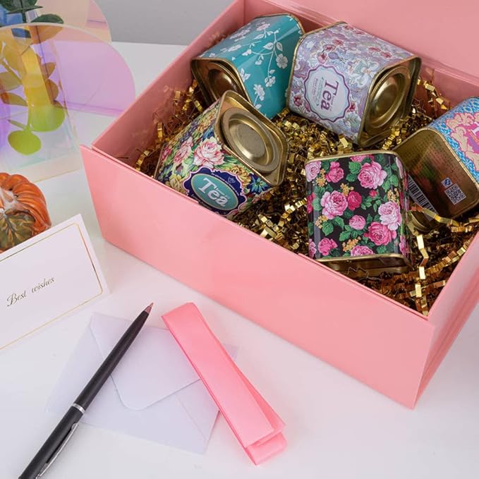 5PCS Pink Gift Box with Ribbon 9.5x7x4 Inches，Sturdy Gift Box with Lid for Gift Packaging, Foldable Magnetic Closure Storage Boxes, Bridesmaid proposal box, Rectangle Collapsible Box