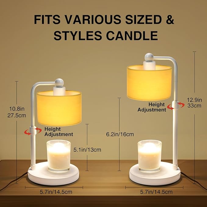 Candle Warmer Lamp with Timer, Dimmable Candle Wax Warmer, Height Adjustable Electric Candle Lamp Warmer with 2 Bulbs, Gifts Idea for Women Her, Mom, Vintage Home Decor for Bedroom-Yellow