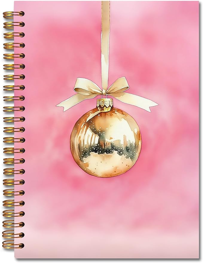 Exqcom Pink and Gold Christmas Ball Spiral Notebook Gifts, Vintage Xmas Ball Holiday Journal for Women, Pink Hardcover Notebook Journal Office School Supplies, 5.5x8.3 Inch