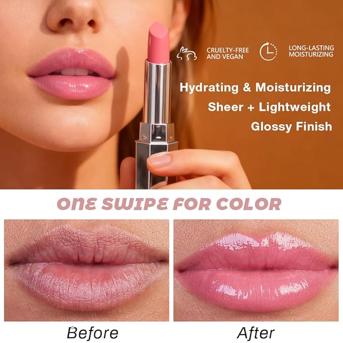 Kaely Pink Honey Glossy Lipstick for Women, Moisturizing Shine Lipstick for Dry Lips, Hydrating Nourishing Tinted Lip Balm, Sheer Lightweight Lip Gloss Stain Makeup, Vegan & Cruelty-Free, 02