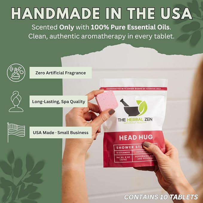 Head Hug Shower Steamers Aromatherapy for Relief - USA Made - Peppermint & Rosemary Shower Bomb Tablets – Christmas Gift - Adult Stocking Stuffer – Soothing Natural Essential Oils (10 Pack)