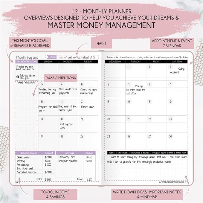 Budget Planner and Monthly Bill Organizer - Finance Planner, 12-Month Journey to Financial Freedom | Bill Payment Tracker Monthly Organizer, Money Saving & Expense Tracker | Undated Budgeting Journal