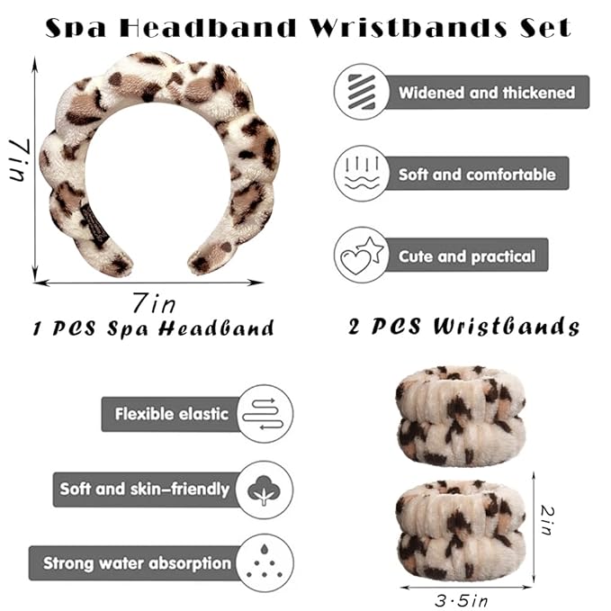 Spa Headbands for Washing Face Wristband Set Sponge Makeup Skincare Headband Wrist Towels Bubble Soft Terry Towel Cloth Hairband for Women Puffy Headwear Non Slip Thick Thin Hair Headwear