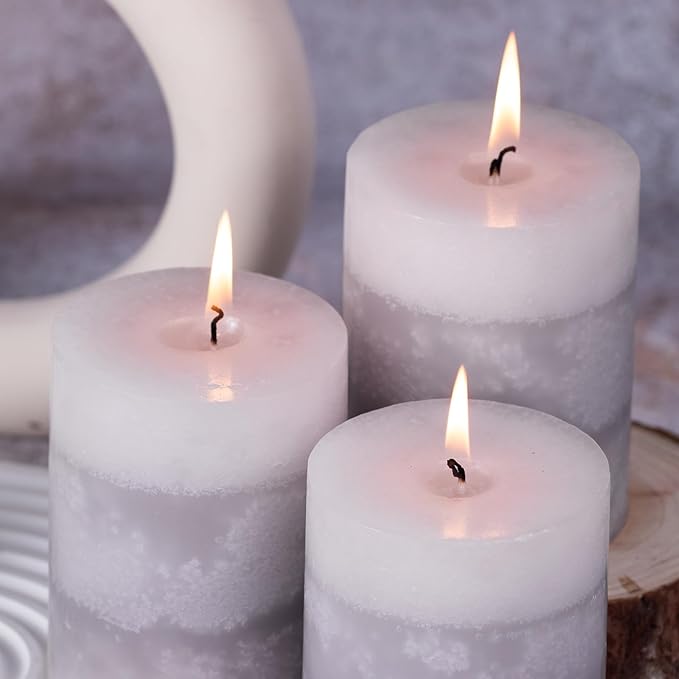 KONNI Gray Layered Pillar Candles Set of 3, 3"x 4" Unscented Pillar Candles Bulk, 39 Hours Long Burning Candles, Smokeless & Dripless Round Candle for Wedding, Home Decoration, Party, Spa, Dinner