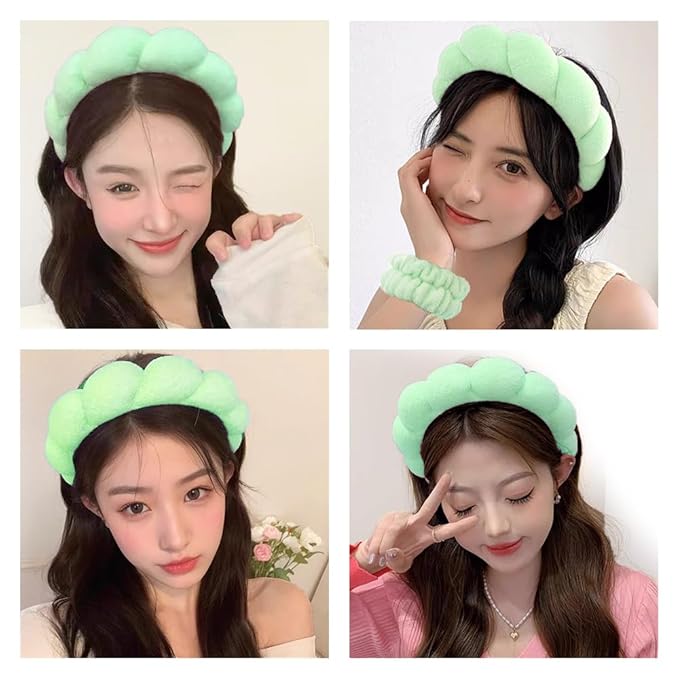 Spa Headbands for Washing Face Wristband Set Sponge Makeup Skincare Headband Wrist Towels Bubble Soft Terry Towel Cloth Hairband for Women Puffy Headwear Non Slip Thick Thin Hair Headwear (Green)