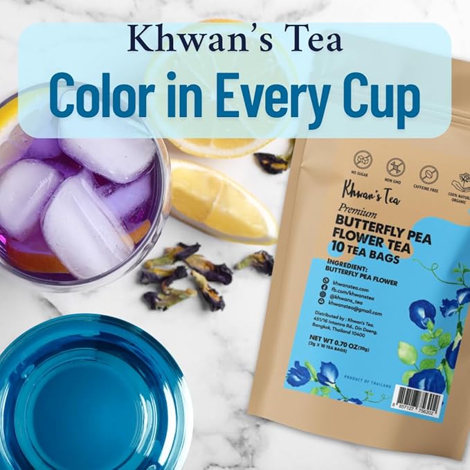 Khwan's Tea Butterfly Pea Flower Tea - Premium Herbal Tea Butterfly Pea Flower For Blue & Purple Natural Food Coloring, No Caffeine Tea, Sourced From Thailand