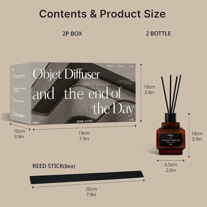 hetras Objet Diffuser Gift Set 6.7 fl.oz. 2 Pack | Department Store 1F - Elegant Flower Scent | Long-Lasting Scented Room Fresheners with 8 Reed Sticks for Home Fragrance Bedroom Bathroom Shelf Décor