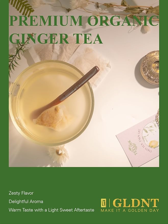 GLDNT Organic Ginger Tea Bags, Natural Organic Ginger Root Tea, Spicy & Zesty Flavor, Caffeine Free, 100 Count