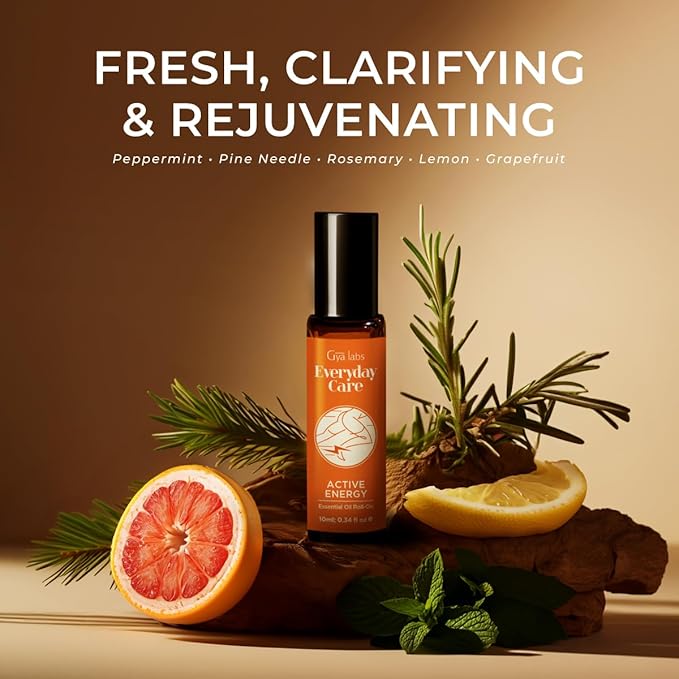 Gya Labs Active Energy Essential Oil Roll On - 0.34 Fl Oz - Travel Size Roller for Camping, Skin, Aromatherapy Relief, Convenience