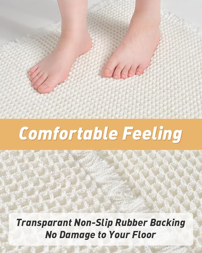 AMOAMI Upgraded Waffle Bath Mat, Super Absorbent Non Slip Bath Mats for Bathroom Floor, Machine Washable Bathroom Boho Rugs with Tassels, Rubber Backed Bathroom Mats, Ultra Soft, 20" x 32"