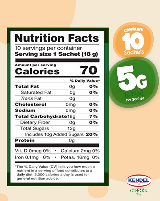 Kendel Instant Ginger Mint with Honey Tea, Caffeine Free (14 Sachets). Soothing flavor Non-GMO